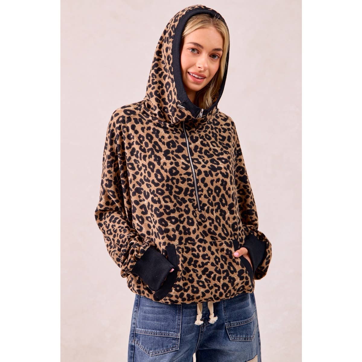 LEOPARD PRINT WAFFLE HALF ZIP UP HOODIE W POCKET