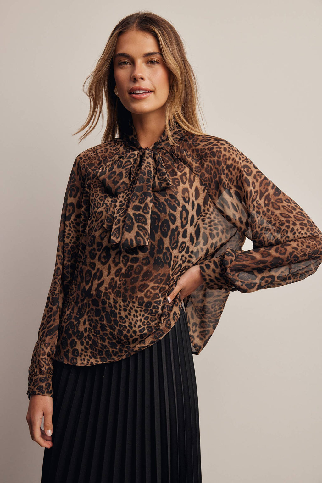 Animal Print Tie Neck Chiffon Blouse FT0074