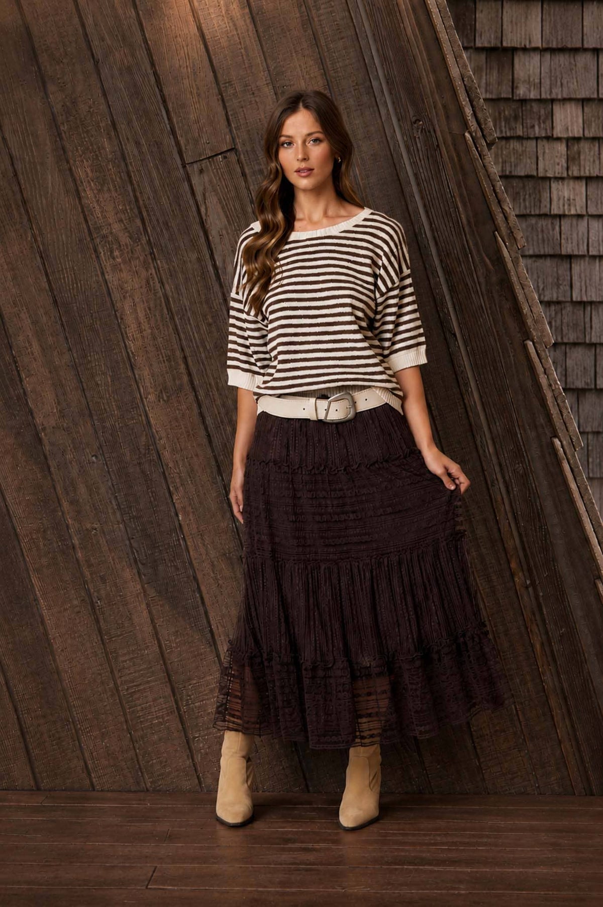 STRIPE CONTRAST TRIM SHORT SLEEVE KNIT SWEATER