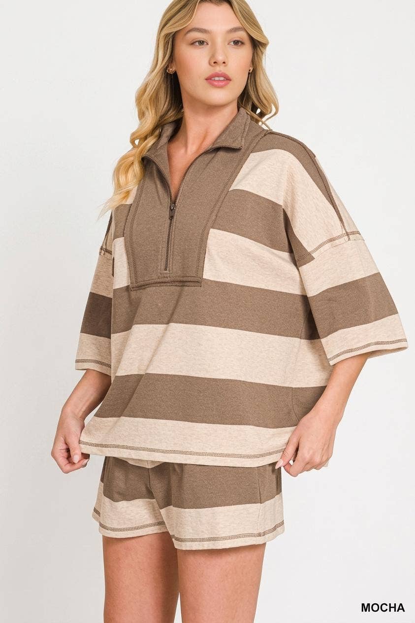 French Terry Striped Half Zip High Neck Top & Shorts Set Zenana