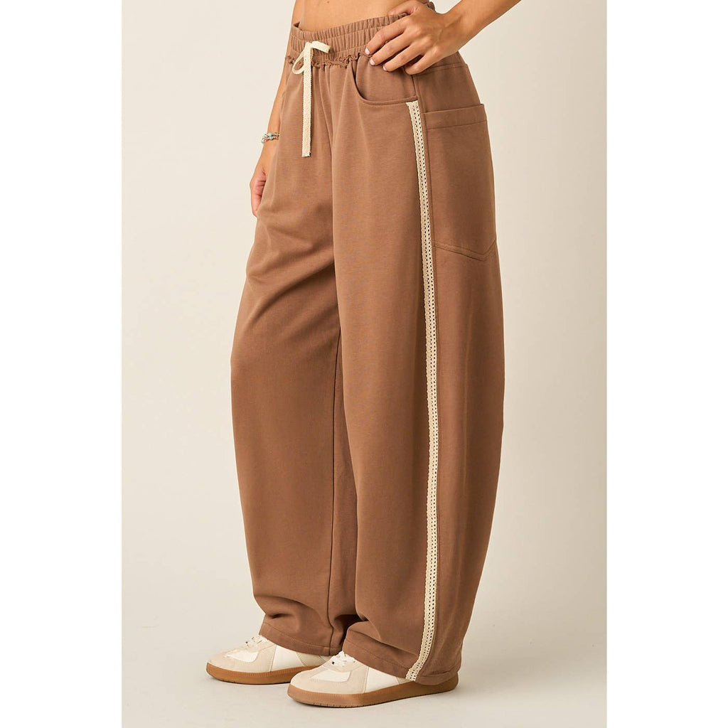 LACE TRIM BARREL LEG DRAWSTRING PANTS