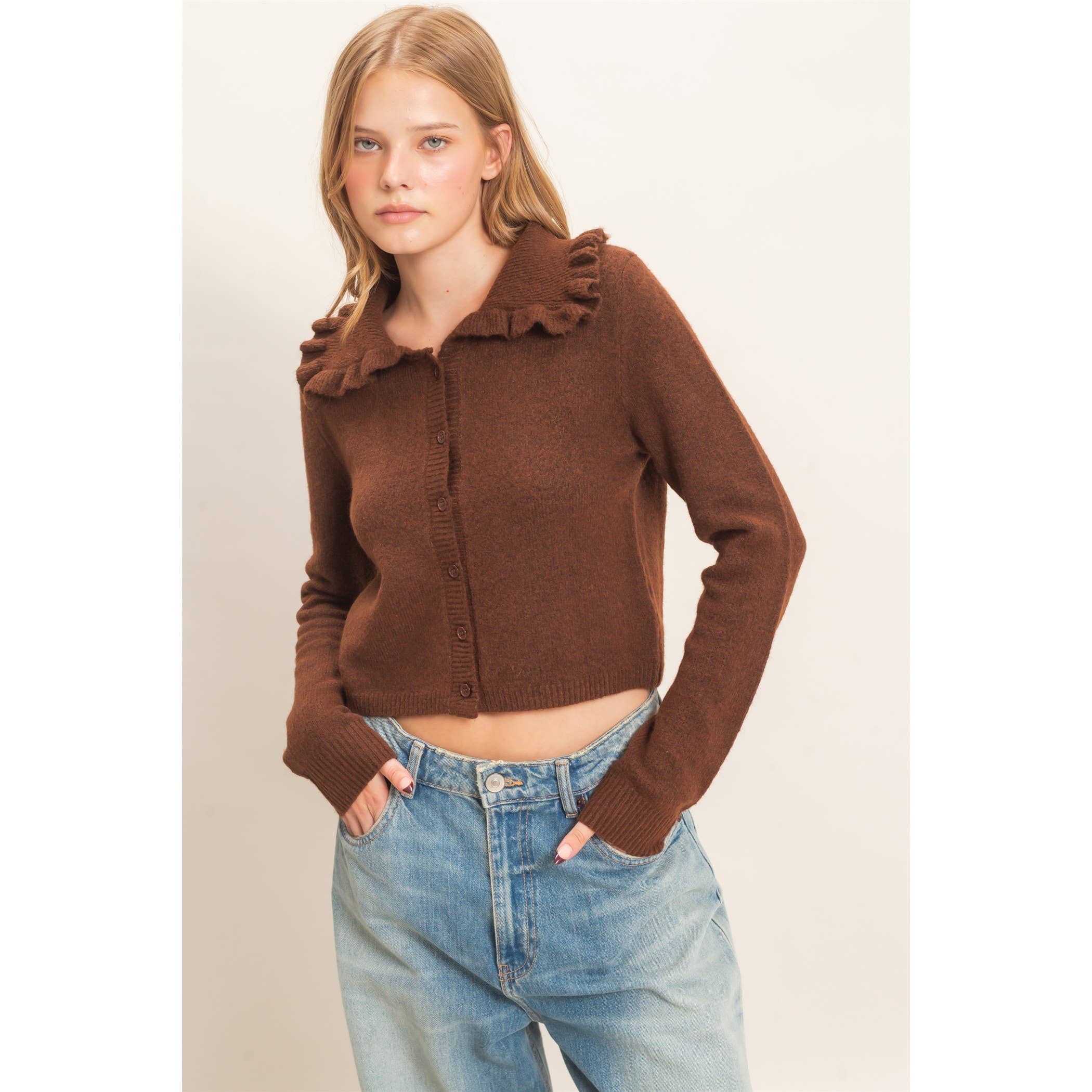 Ruffled Collar Knit Cardigan