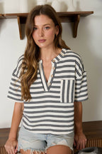 STRIPE SHORT SLEEVE BOXY HENLEY KNIT TOP