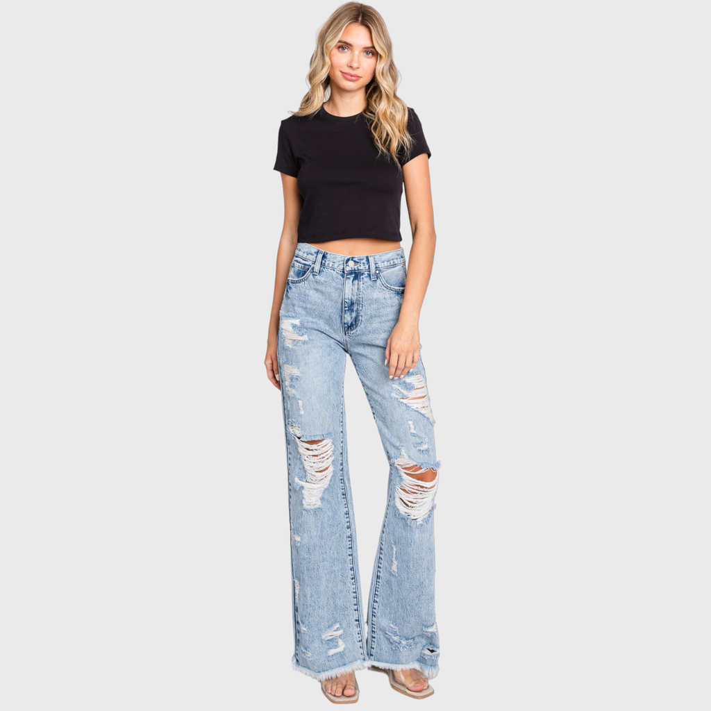 P865VXF-LT DESTROYED HIGH RISE RIGID VINTAGE FLARE JEANS
