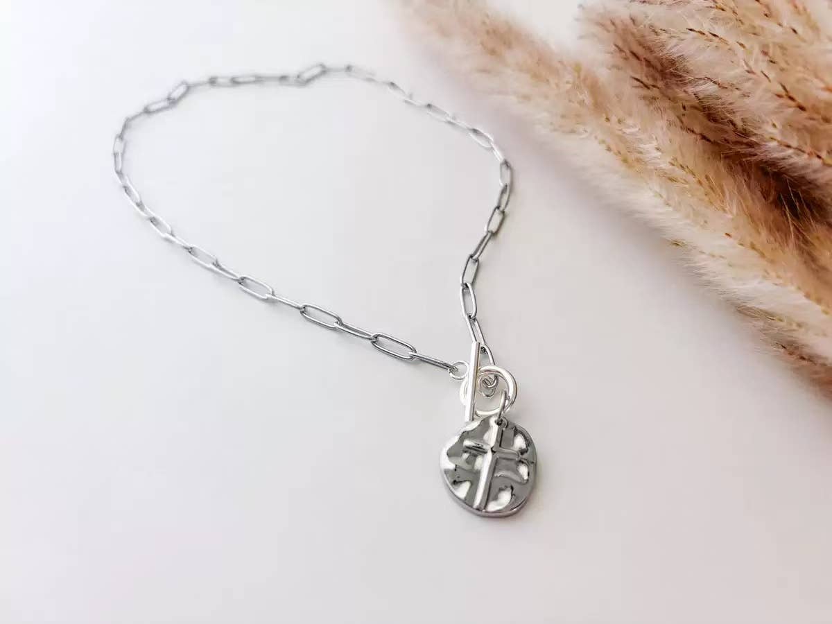 Cute Gold Cross Chain Front Hook Necklace Hammered Metal