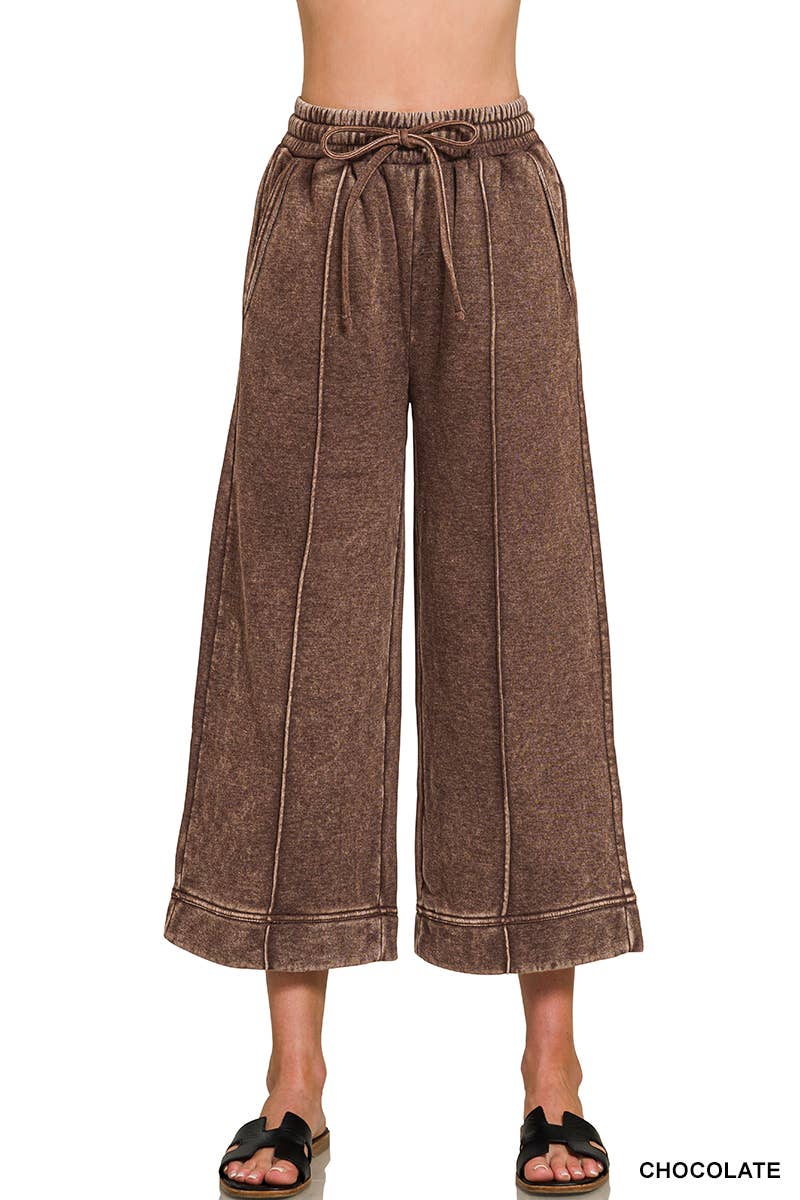 Acid Washed Fleece Pintuck Wide Leg Cropped Pants w/ Pockets