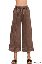 Acid Washed Fleece Pintuck Wide Leg Cropped Pants w/ Pockets