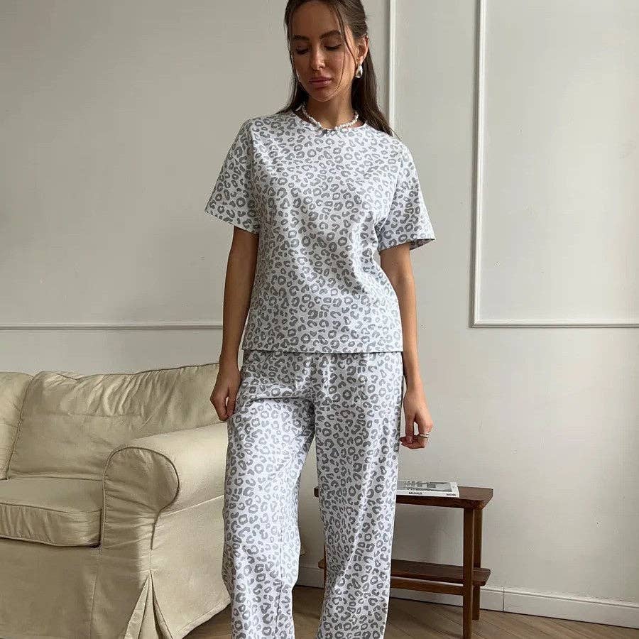 Leopard Print Pajama Set with Short Sleeve Top