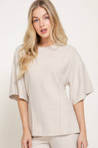 Elbow Sleeve Round Neck Brushed Knit Top with Flared Hem