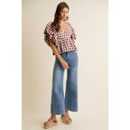 GINGHAM BUBBLE SLEEVES BACK SMOCKED BLOUSE TOP