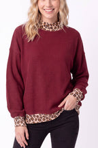 Rib Knit Leopard Contrast Pullover