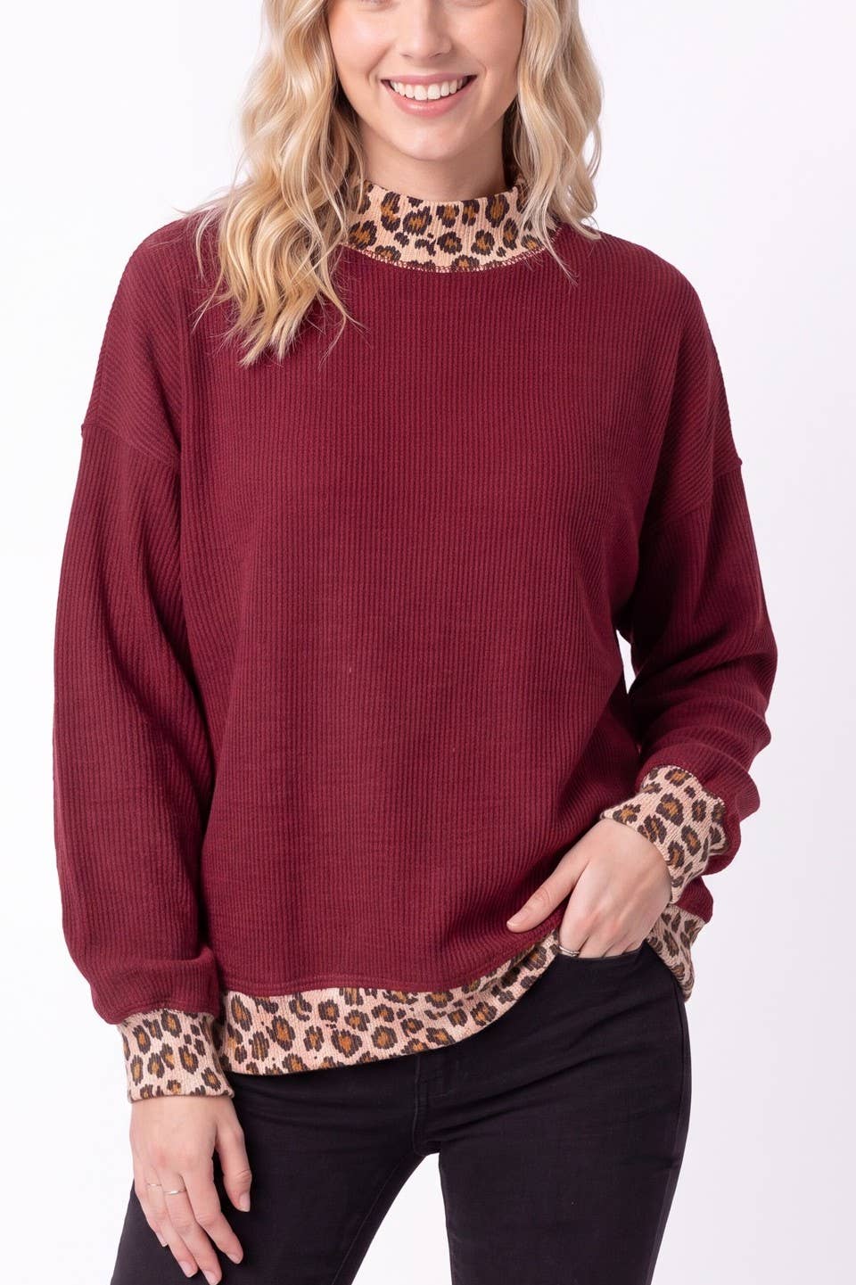 Rib Knit Leopard Contrast Pullover