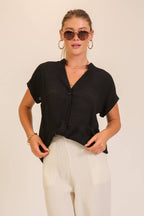Textured Gauze Button-front Hi-Low Hem Blouse