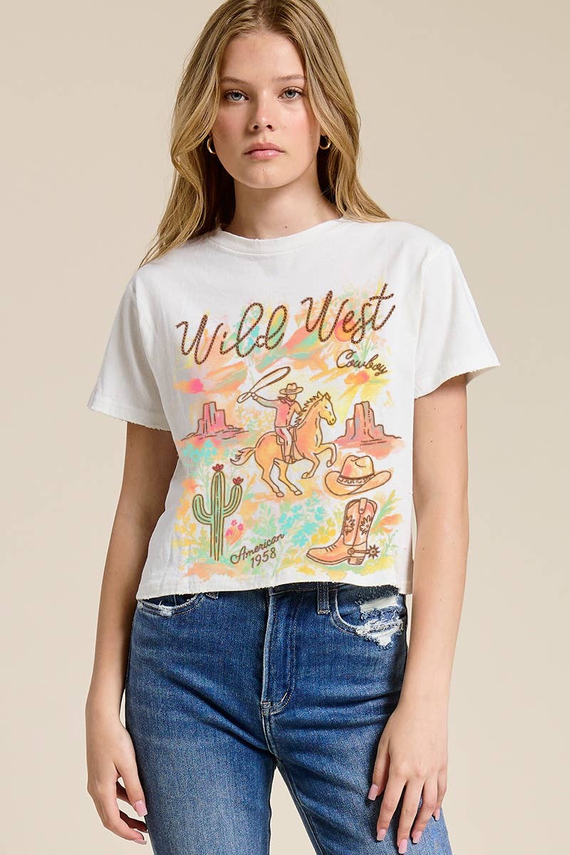 Puff' Wild West Cowboy Graphic S/S Seamless Faux Crop