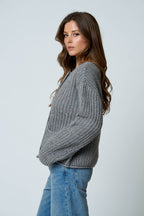 MARLED BUTTON DOWN  RAW EDGE CHUNKY KNIT CARDIGAN