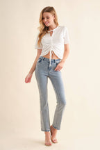 32154T - Washed Cut Out V Tunnel Cinch Tie Front Studded Tee