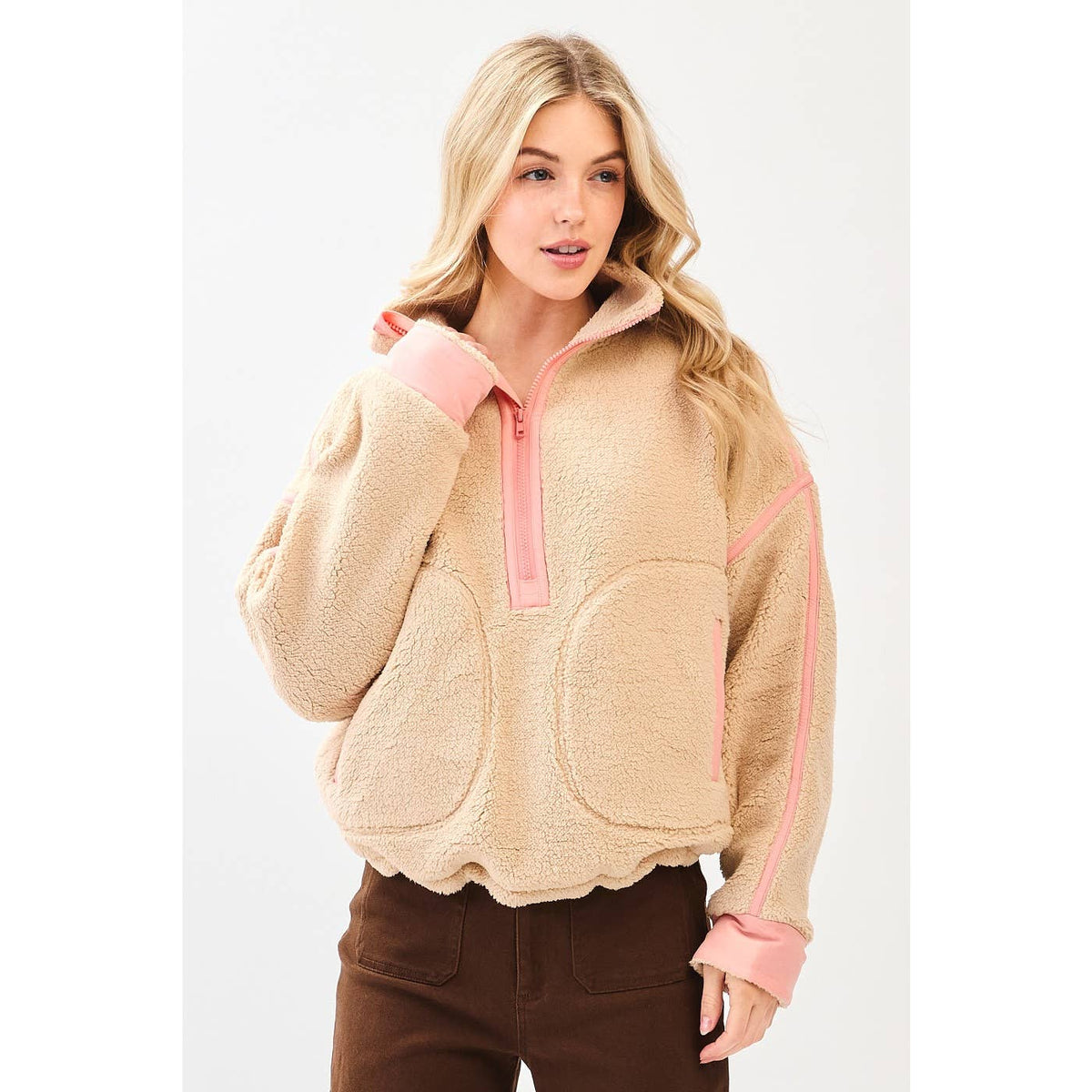HALF ZIP CONTRAST DETAIL FLEECE SWEATSHIRT