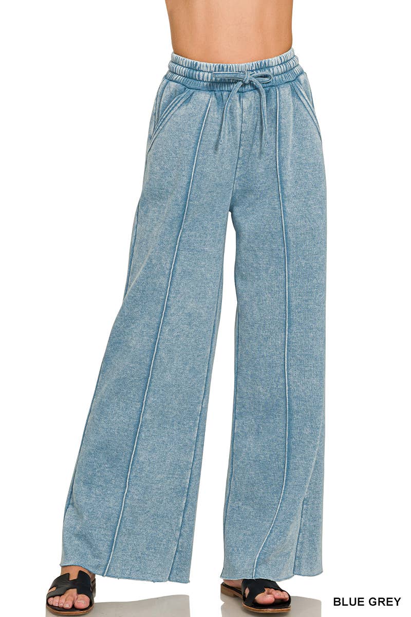 Acid Washed Fleece Pintuck Wide Leg Pants w/ Pockets