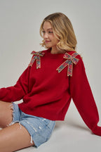 CHRISTMAS HOLIDAY SWEATER TOP WITH BOW APPLIQUES_JLT00420-01