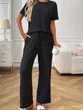 Ribbed Knit Short Sleeve Lounge Set Wide Leg Pants
