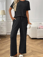 Ribbed Knit Short Sleeve Lounge Set Wide Leg Pants