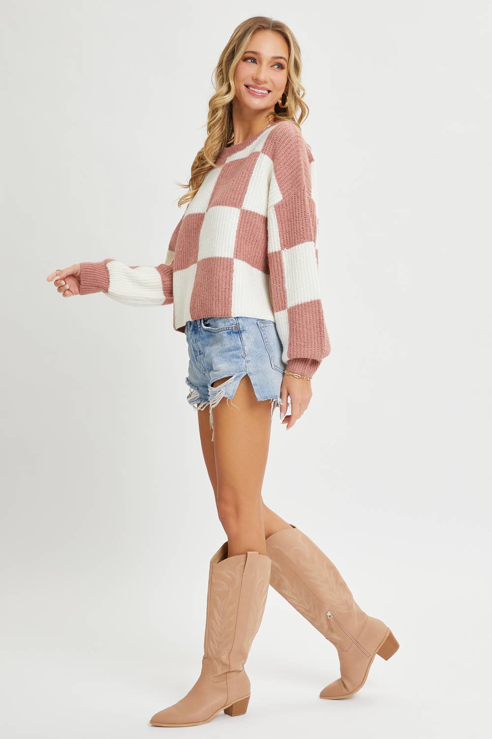 CASUAL SOFT COZY  RELAXED FIT CHECKER KNIT SWEATER