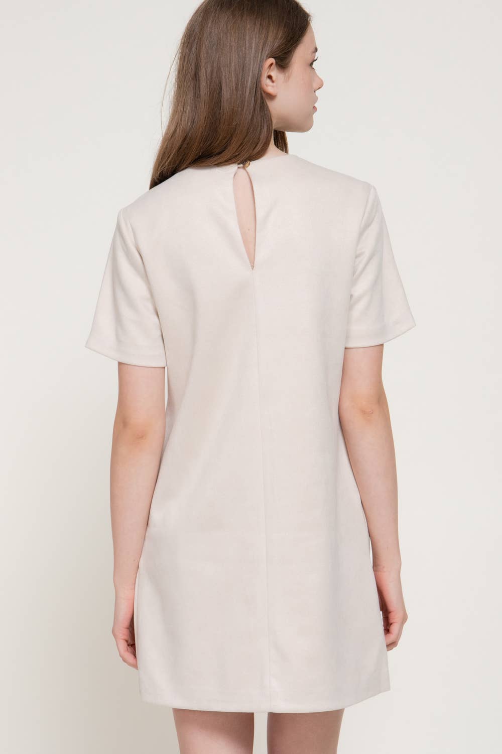 Short Sleeve Round Neck Semi A-Line Faux Suede Mini Dress