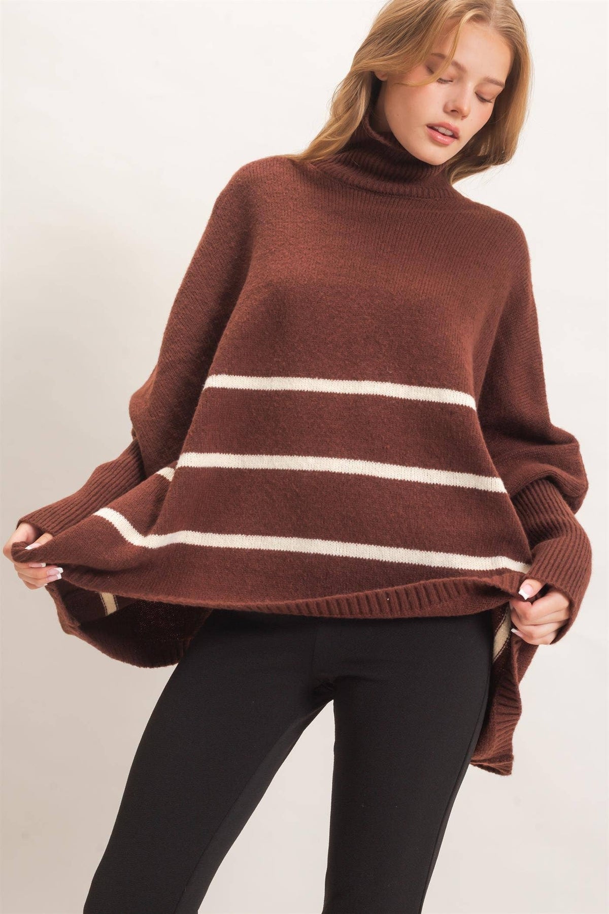 Striped Turtleneck Poncho Sweater