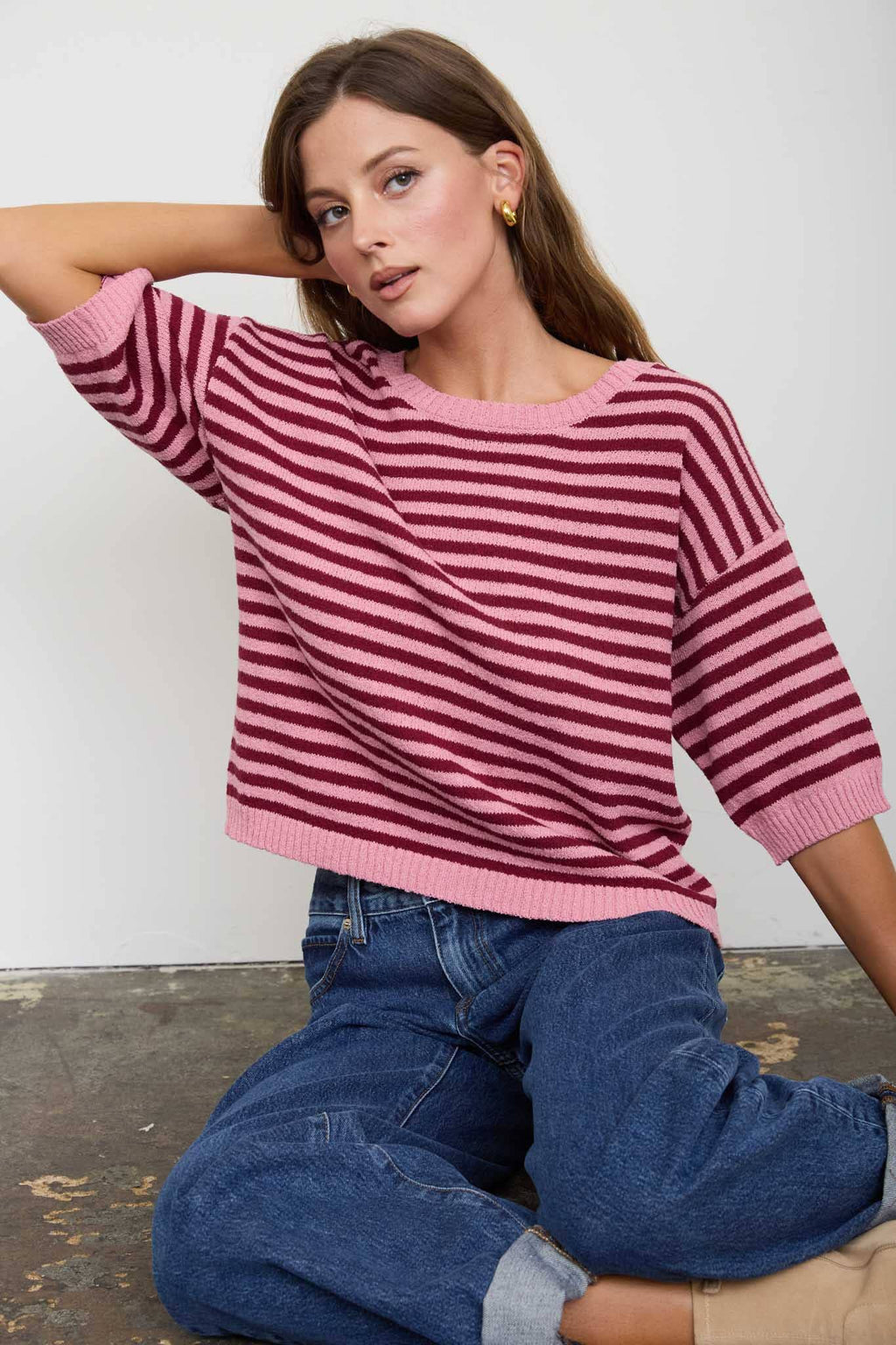 STRIPE CONTRAST TRIM SHORT SLEEVE KNIT SWEATER