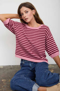 STRIPE CONTRAST TRIM SHORT SLEEVE KNIT SWEATER
