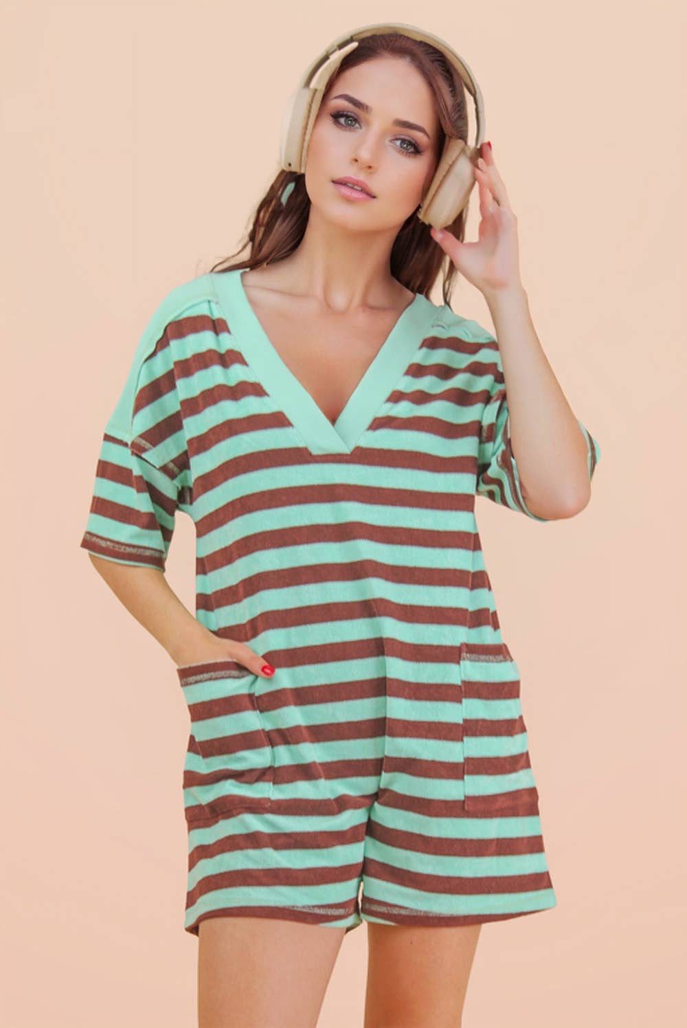 NP70994-Stripe Casual Knit Romper