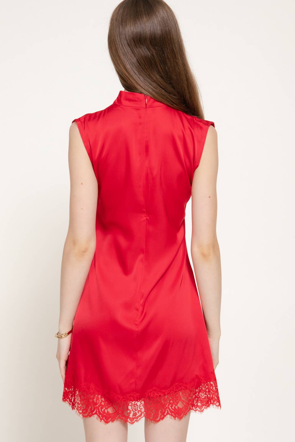 Sleeveless High Neck Satin Mini Dress with Lace Hem Detail