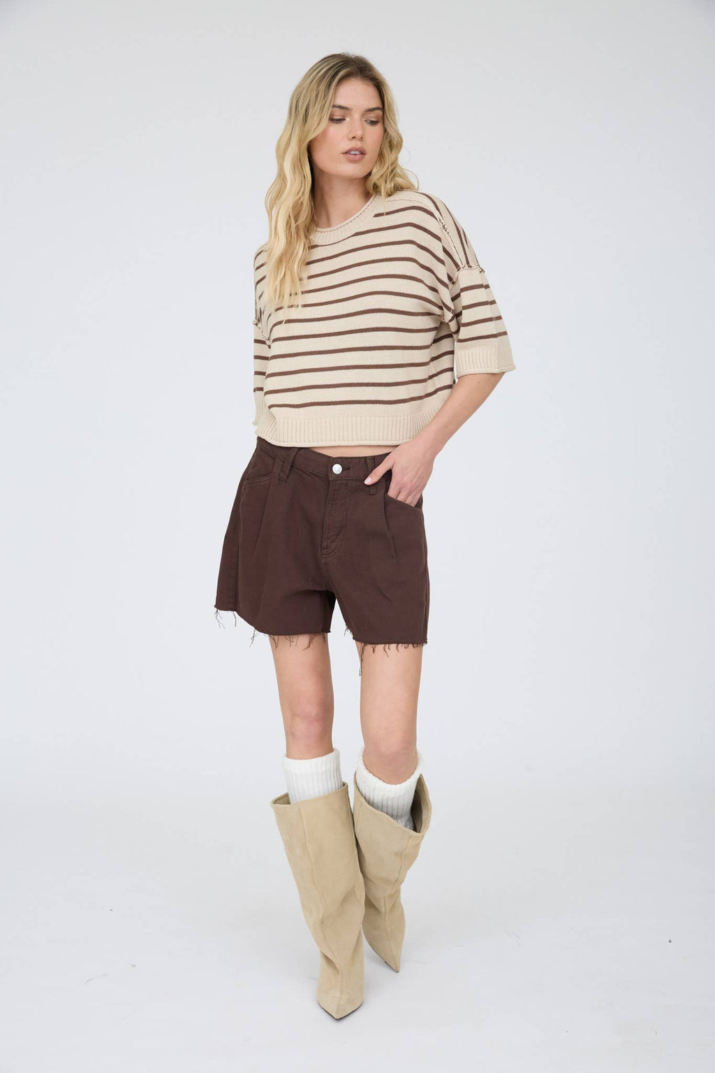 STRIPE RAW EDGE DROP SHOULDER SHORT SLEEVE SWEATER