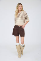 STRIPE RAW EDGE DROP SHOULDER SHORT SLEEVE SWEATER