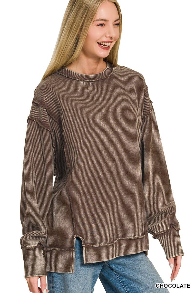 Acid Washed Double Ribbed Exposed-seam Pullover