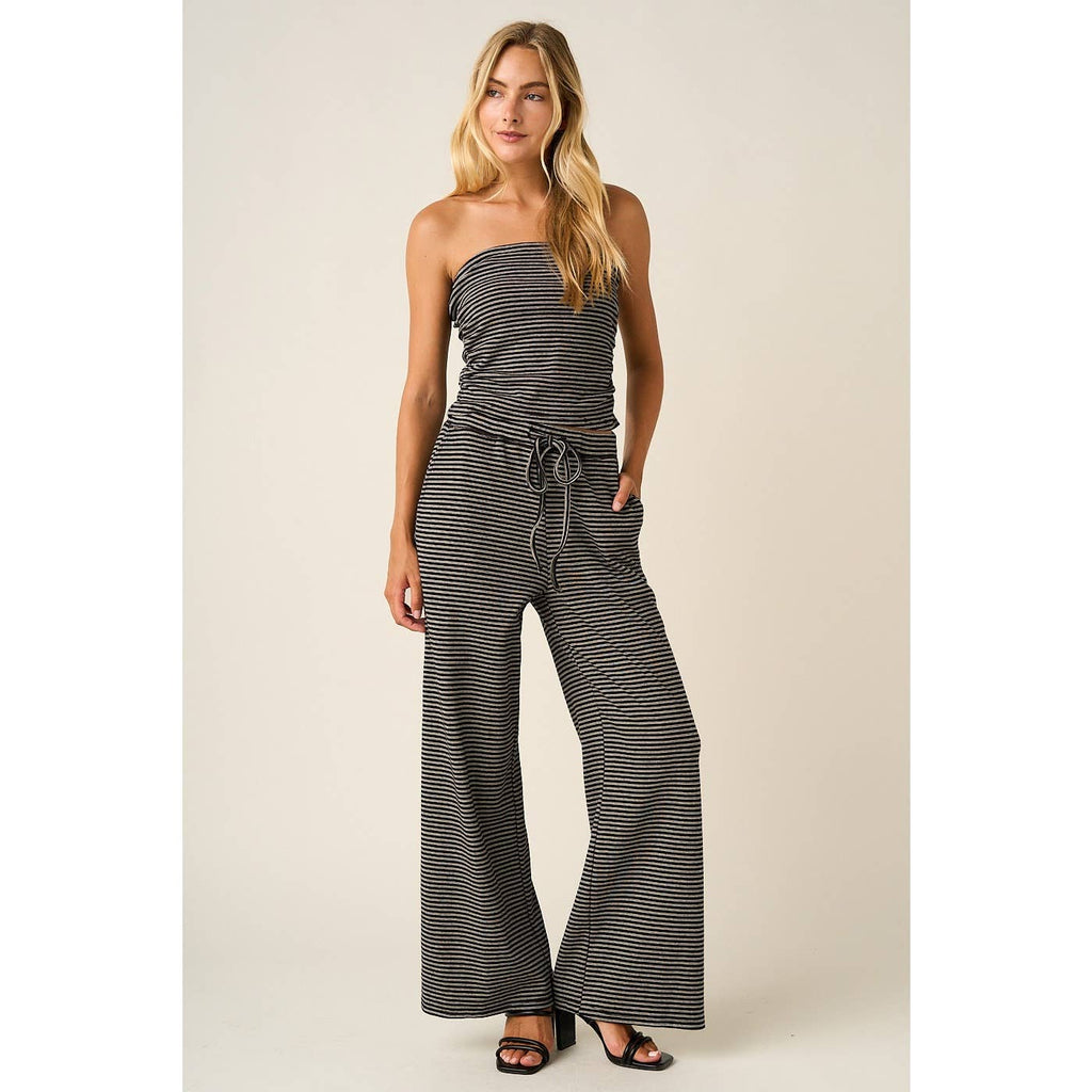 STRIPED PRINT SMOCKED BACK TUBE TOP AND PANTS SET