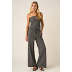STRIPED PRINT SMOCKED BACK TUBE TOP AND PANTS SET