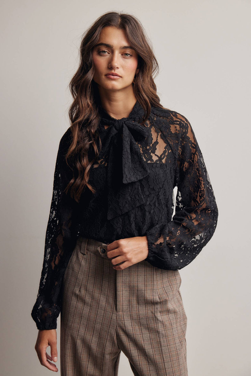 Sheer Lace Tie Neck Blouse FT0059