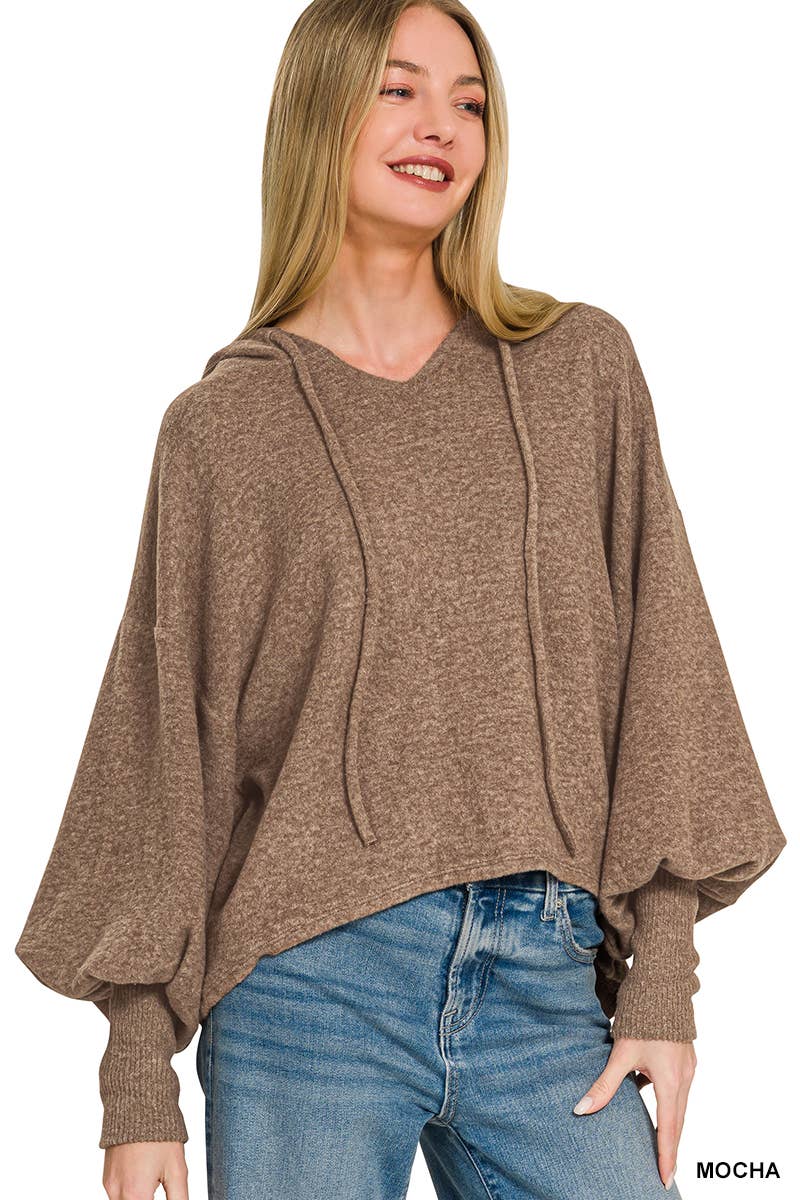 Soft Brushed Hacci Cropped Balloon Sleeve Hoodie Zenana