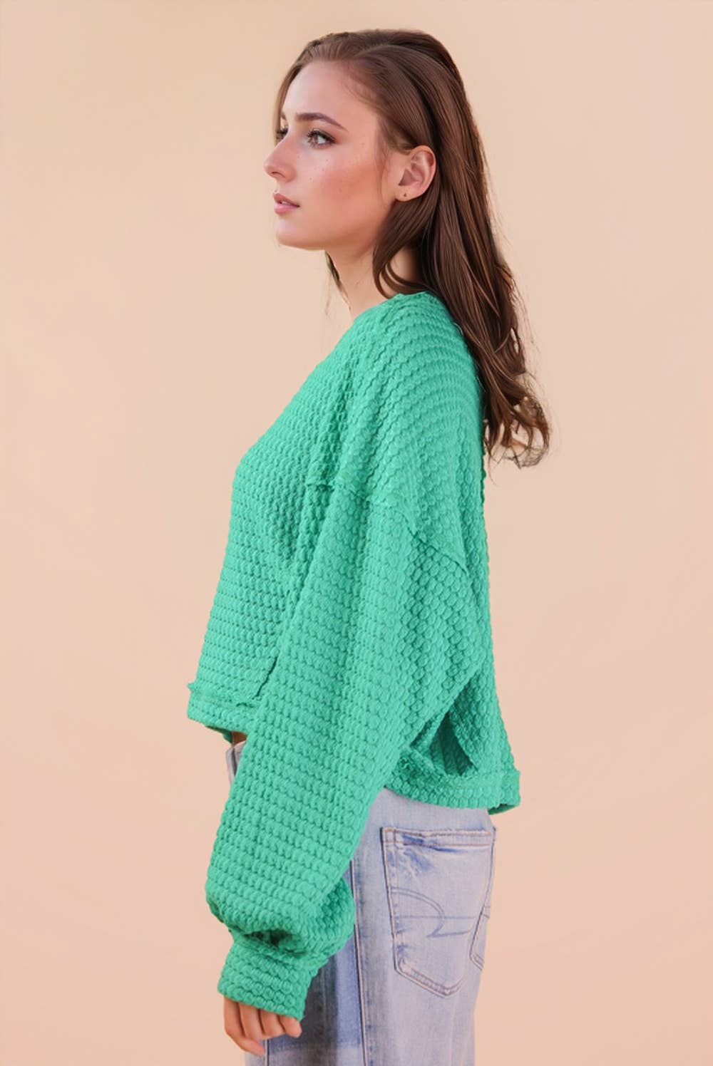 NT11982-Oversized Waffle Solid Knit Causal Top