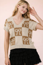 12W3370N-Bow Graphic Knit Summer Sweater Top