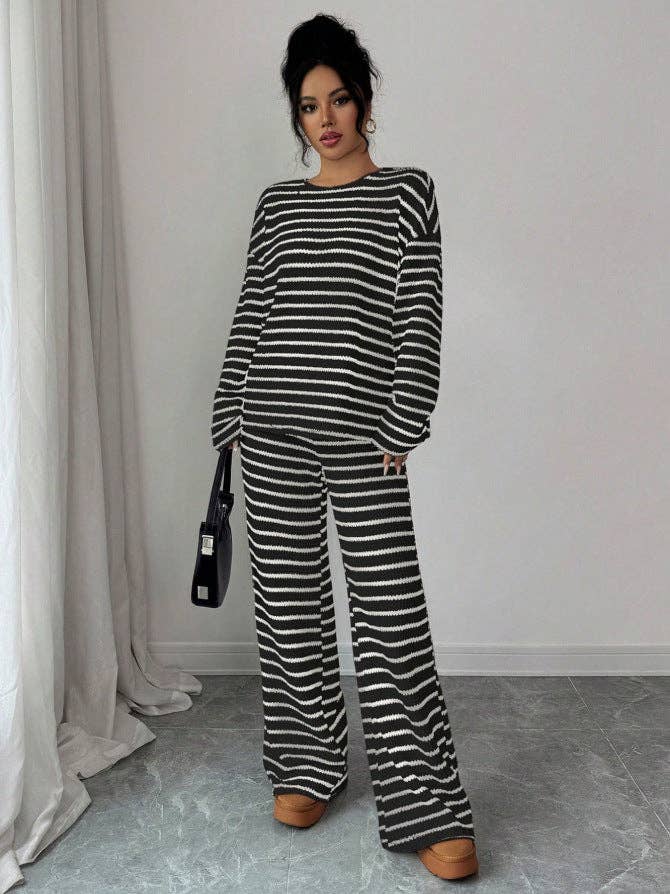 Striped Knit Jumpsuit Boutique Wide Leg Ribbed Loungewear