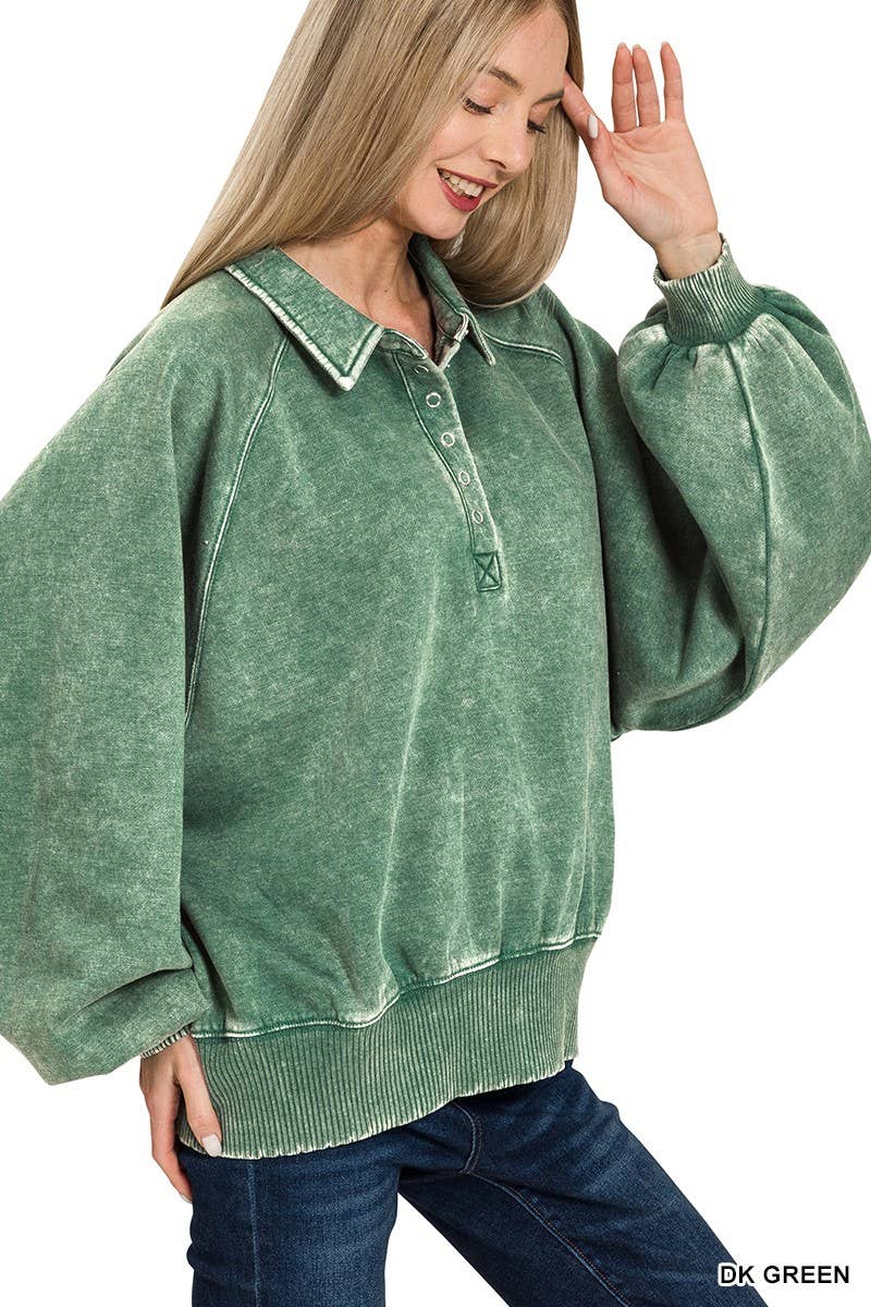 Acid Wash Fleece Button Up Collared Pullover