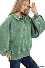 Acid Wash Fleece Button Up Collared Pullover