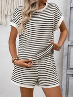 Striped  Relaxed Fit Tee Short Set Lounge Outfit