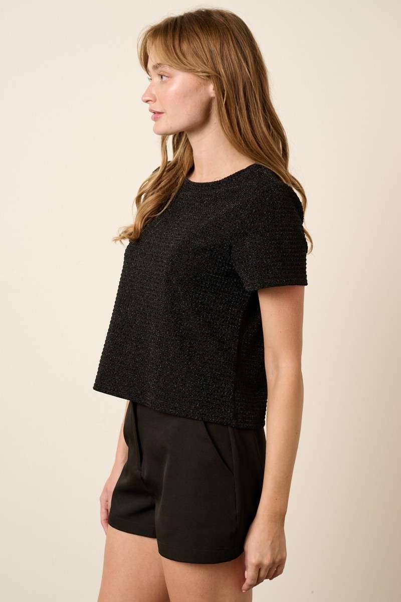 T10373B - GEO PATTERN METALLIC SHORT SLEEVE TOP