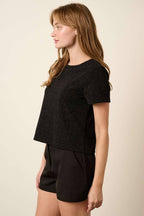 T10373B - GEO PATTERN METALLIC SHORT SLEEVE TOP