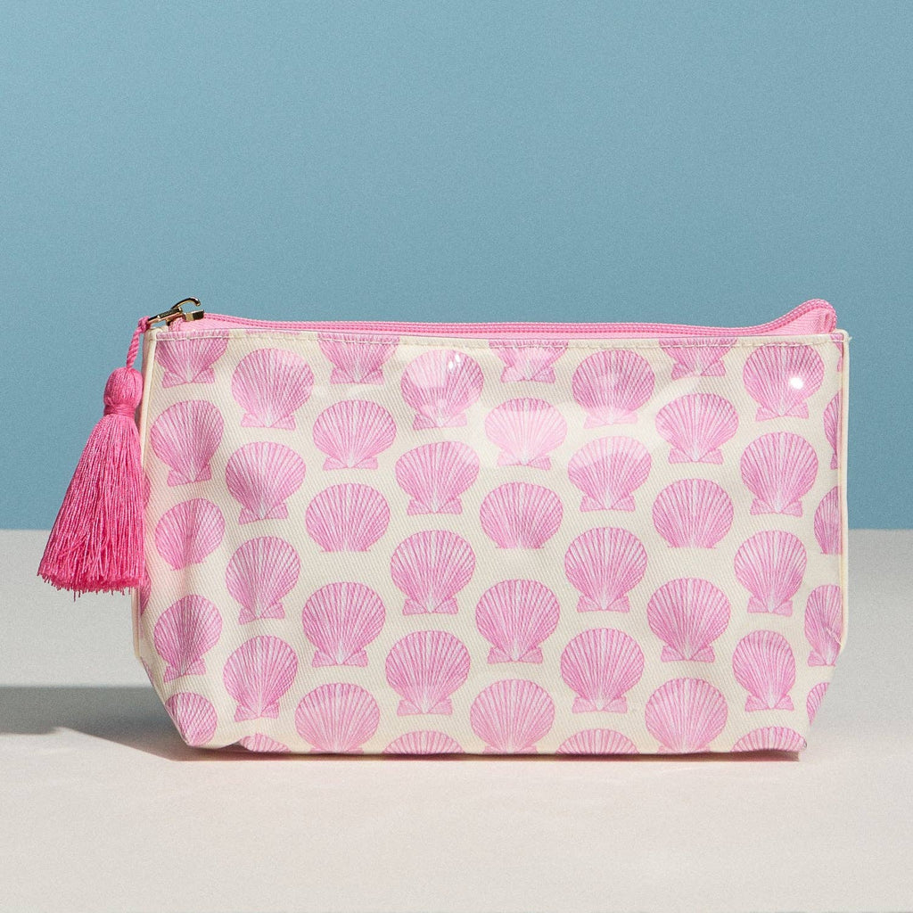 Pink Seashell Print Cosmetic Pouch | Zipper Makeup Bag with Tassel