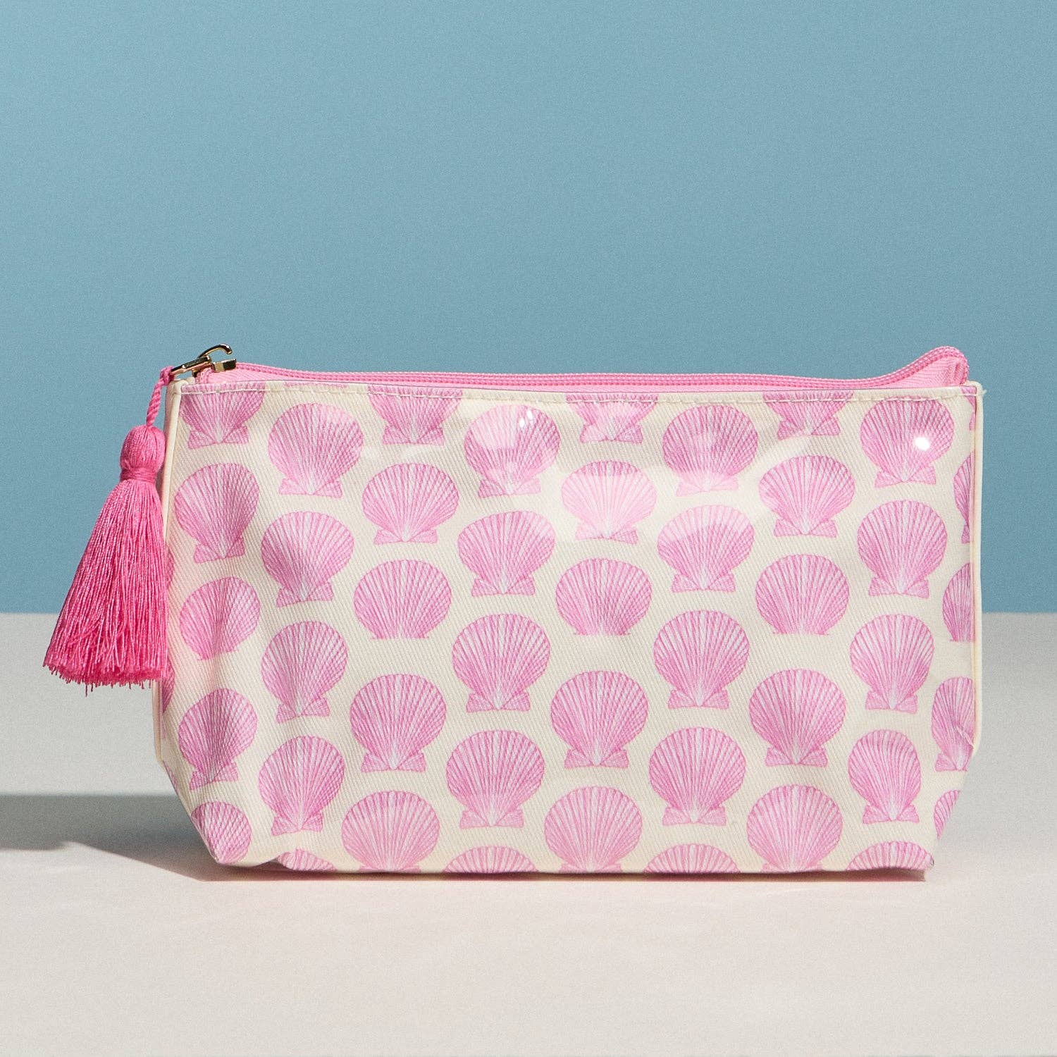 Pink Seashell Print Cosmetic Pouch | Zipper Makeup Bag with Tassel