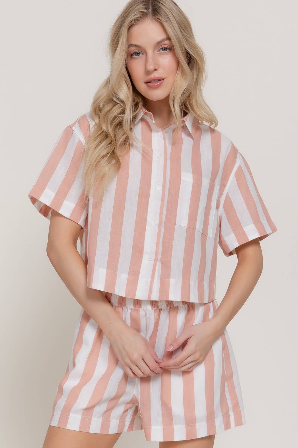 Short Sleeve Shirt & Wide Stripe Linen Effect Shorts Set